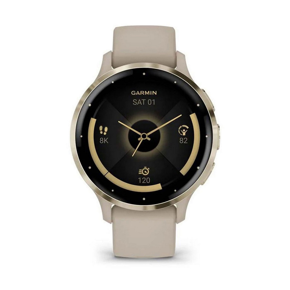 Garmin Venu 3S Soft Gold Stainless Steel Bezel 1.2-Inch AMOLED Touchscreen Display Smart Watch with 41mm French Gray Case and Silicone Band