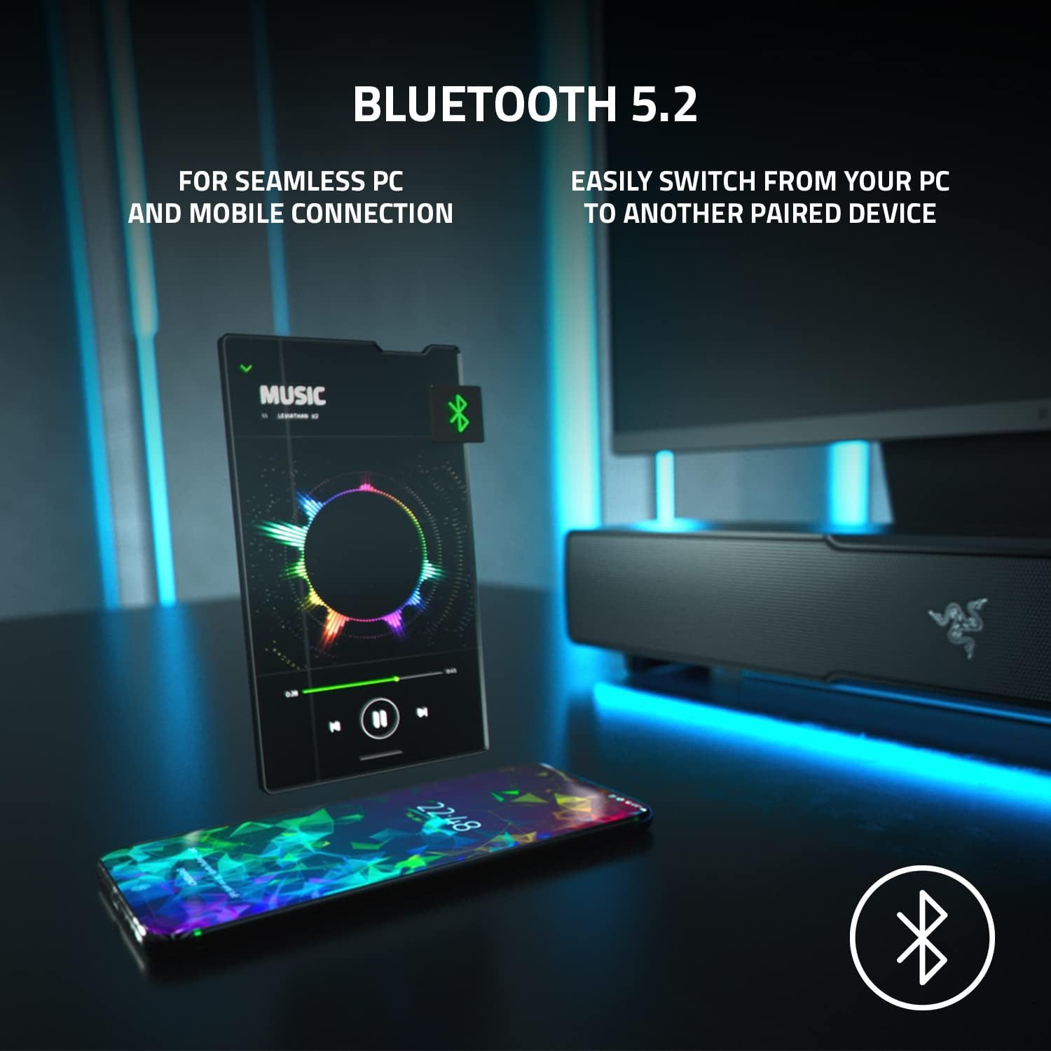 Razer Leviathan V2: Multi-Driver PC Gaming Soundbar with Subwoofer - THX Spatial Audio - Compact Design - Chroma RGB - Bluetooth 5.2 - for Desktop/Laptop, Smartphones, Tablets & Nintendo Switch - Image 2