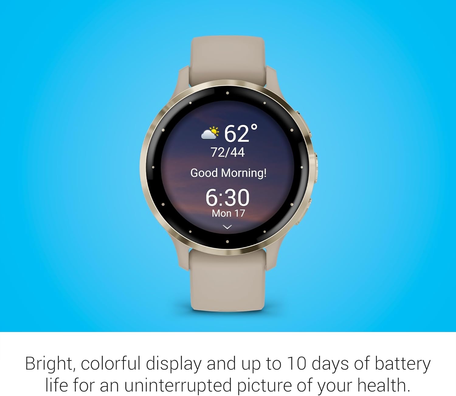 Garmin Venu 3S Soft Gold Stainless Steel Bezel 1.2-Inch AMOLED Touchscreen Display Smart Watch with 41mm French Gray Case and Silicone Band - Image 2