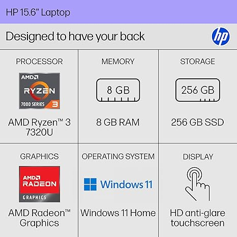 HP 15.6 inch Laptop, HD Touchscreen Display, AMD Ryzen 3 7320U, 8 GB RAM, 256 GB SSD, AMD Radeon Graphics, Windows 11 Home, Natural Silver, 15-fc0399nr - Image 2