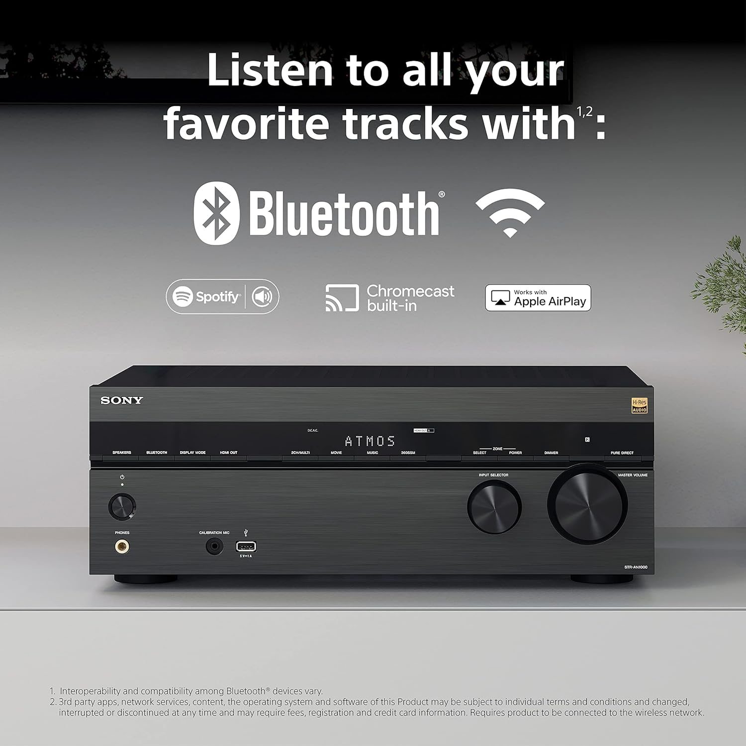 Sony STR-AN1000 7.2 CH Surround Sound Home Theater 8K A/V Receiver: Dolby Atmos, DTS:X, Digital Cinema Auto Calibration IX, Bluetooth, WiFi, Google Chromecast, Spotify connect, Apple AirPlay, HDMI 2.1 - Image 3