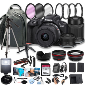 Canon EOS R50 Mirrorless Camera – Professional Photo Bundle with RF-S 18-45mm f/4.5-6.3 is STM Lens + 55-210mm f/5-7.1 is STM Lens + 64GB Memory Cards, Brand New