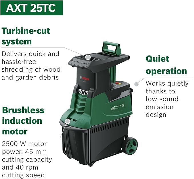 Bosch Garden Shredder AXT 25 TC (2500 W, Plunger for Trimmed Material, 53-Litre Collection Box, Material Throughput: 230 kg/h, Max. Cutting Capacity: Dia. 45 mm, in Carton Packaging), Brand New - Image 2