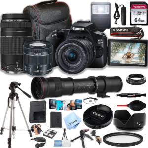 Canon EOS 250D / Rebel SL3 DSLR Camera w/EF-S 18-55mm F/4-5.6 STM Zoom Lens + 75-300mm F/4-5.6 III Lens + 420-800mm Super Telephoto Lens + 64GB Memory, Case, Tripod, Flash (38pc Bundle), Brand New